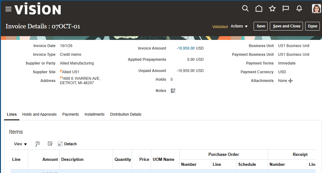 Oracle Fusion Invoice Details page showing the selected AP invoice, its supplier, amounts, business unit, and Lines tab.