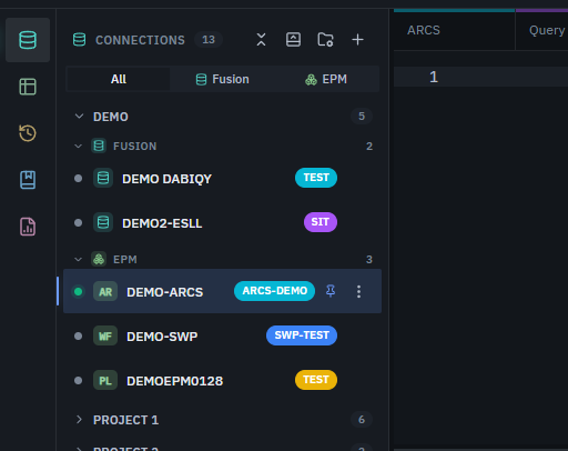 Data Collage Connections panel showing Fusion and EPM groups within a Demo project, with the DEMO-ARCS EPM connection selected.