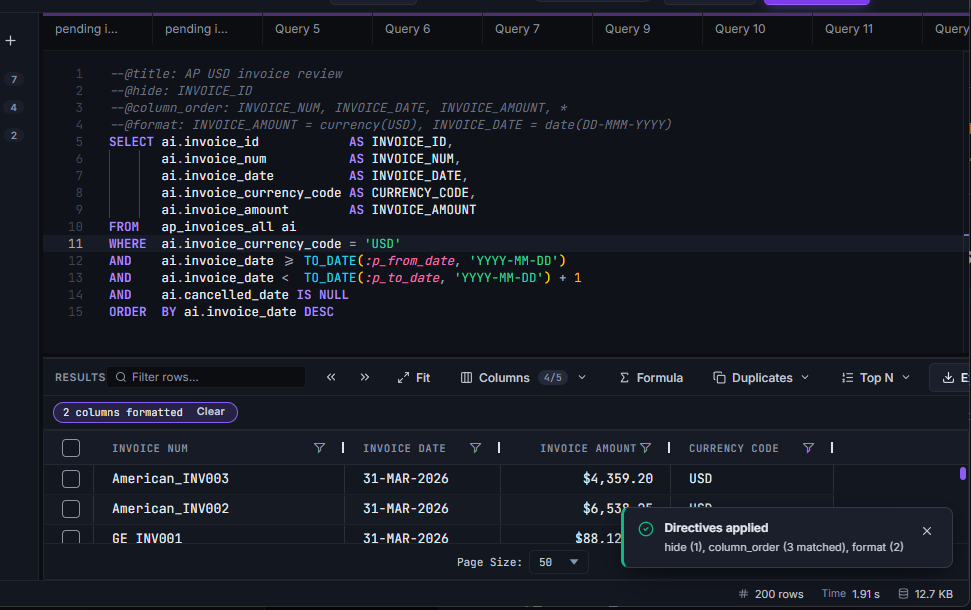 Data Collage SQL editor showing leading title, hide, column-order, and format directives above an AP invoice query, with formatted USD amounts and dates and a Directives applied confirmation.